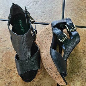 Platform Shoes, Black w/ 3 1/2" Cork Heel with Heel Zipper, Nine West - Size 5